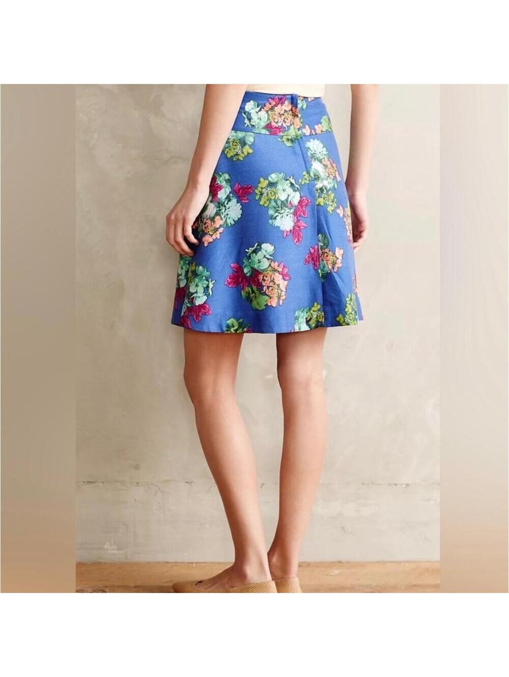 Anthropologie Maeve Silk Mini Skirt Garden Days 4 Blue floral fairy summer party - Picture 4 of 8